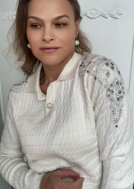 DI'SHE SWETER DZIANINOWY ŚMIETANA POLO + ZDOBIENIE DI'SHE SWETER DZIANINOWY ŚMIETANA POLO + ZDOBIENIE