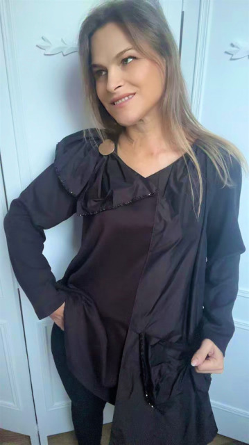 ELEGANCKA CZEKOLADOWA BLUZKA KOKARDY Z TAFTY