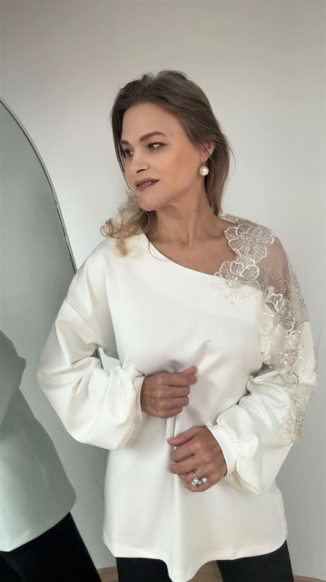 ELEGANCKA  BLUZKA KORONKOWY RĘKAW ŚMIETANA