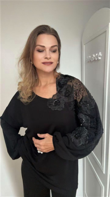 ELEGANCKA  BLUZKA KORONKOWY RĘKAW CZARNA