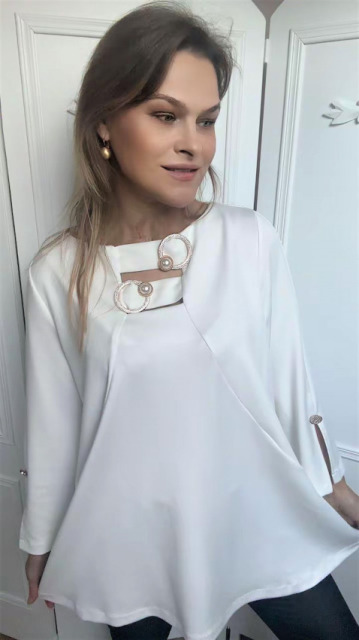 ELEGANCKA  BLUZKA W LITERĘ A ŚMIETANA + PERŁY