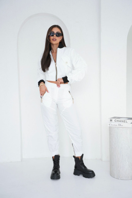 La Diva Mia SPODNIE BOJÓWKI BIAŁE Z EKSPRESAMI MARSZCZONE WEW NOGAWKI