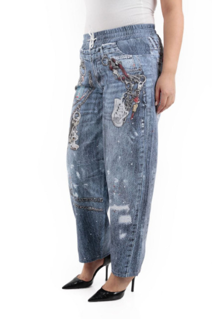 ZANESSI LUŻNE NIEBIESKIE SPODNIE Z BAWEŁNY + ORYGINALNY NADRUK