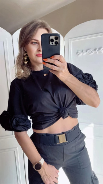 LAVESTINO T-SHIRT Z RÓŻAMI CZARNY LAVESTINO T-SHIRT Z RÓŻAMI CZARNY