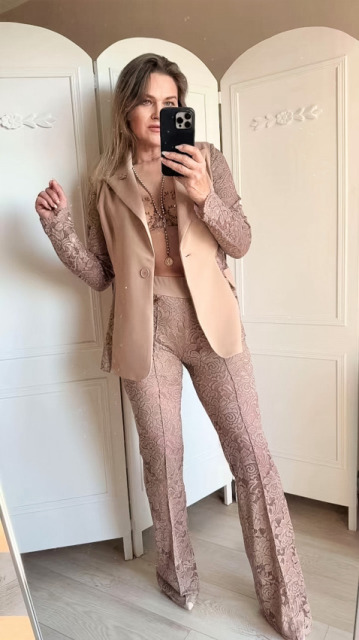 LAVESTINO SPODNIE DZWONY KORONKOWE BEŻOWE TAUPE LAVESTINO SPODNIE DZWONY KORONKOWE BEŻOWE TAUPE