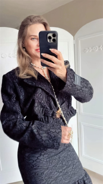 LAVESTINO MARYNARKA ŻAKIET KRÓTKA KORONKA CZARNA