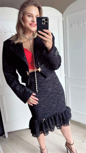 LAVESTINO SPÓDNICA MIDI Z FALBANAMI KORONKA CZARNY