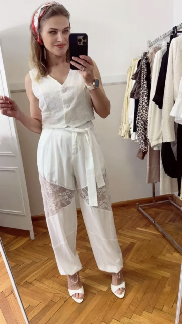 La Diva Mia LEKKIE SPODNIE Z PASKIEM + KORONKA ŚMIETANA