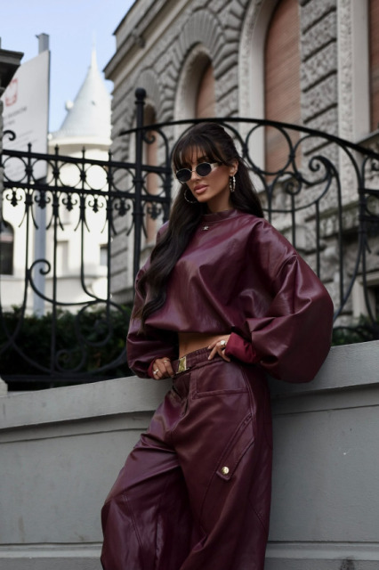 LAVESTINO BLUZA DAMSKA OVERSIZE ZE SKÓRY EKOLOGICZNEJ SZEROKIE RĘKAWY BURGUND LAVESTINO BLUZA DAMSKA OVERSIZE ZE SKÓRY EKOLOGICZNEJ SZEROKIE RĘKAWY BURGUND