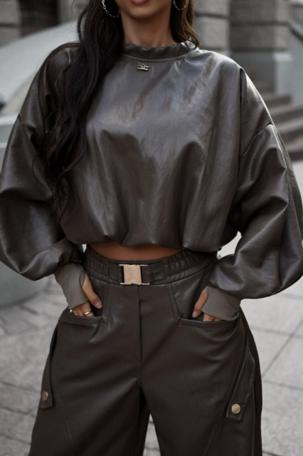 LAVESTINO BLUZA DAMSKA OVERSIZE ZE SKÓRY EKOLOGICZNEJ SZEROKIE RĘKAWY CZEKOLADOWA LAVESTINO BLUZA DAMSKA OVERSIZE ZE SKÓRY EKOLOGICZNEJ SZEROKIE RĘKAWY CZEKOLADOWA
